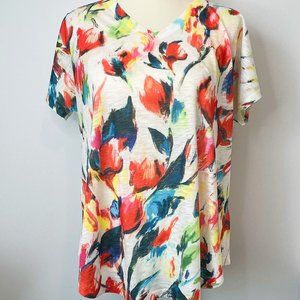 Jess & Jane Top Size Medium Tulips Floral V-Neck Lightweight Knit New